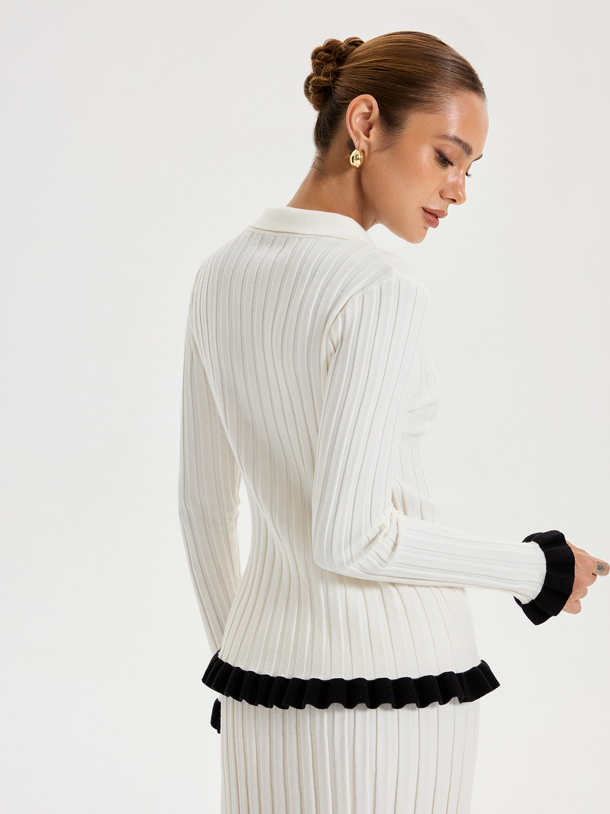 Rib-knit Cardigan with Contrasting Ruffles