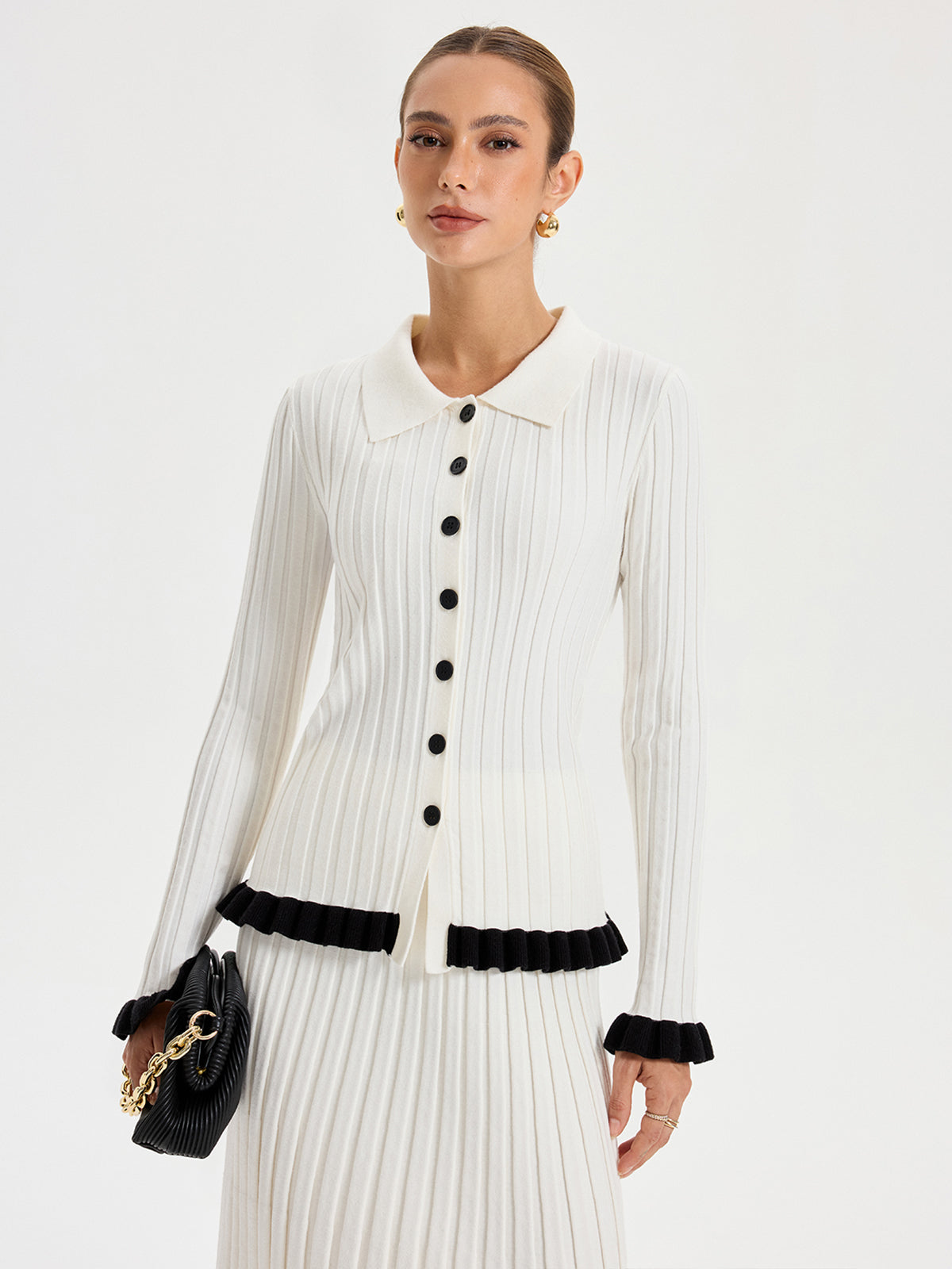 Rib-knit Cardigan with Contrasting Ruffles