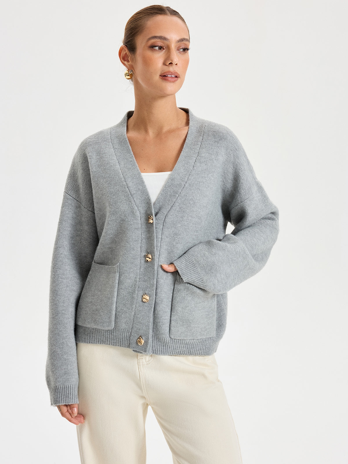 V-Neck Pocketed Metal Button Cardigan