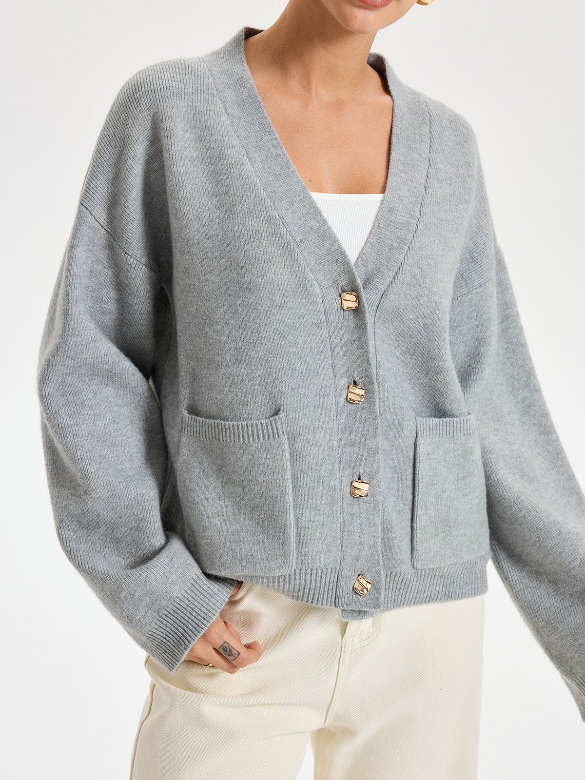 V-Neck Pocketed Metal Button Cardigan