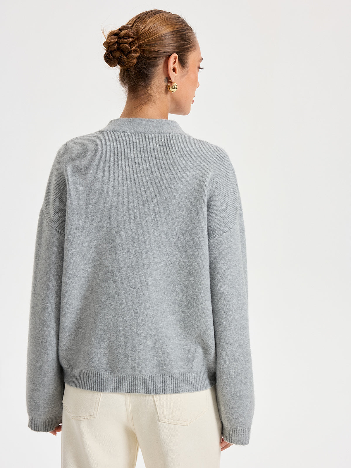 V-Neck Pocketed Metal Button Cardigan