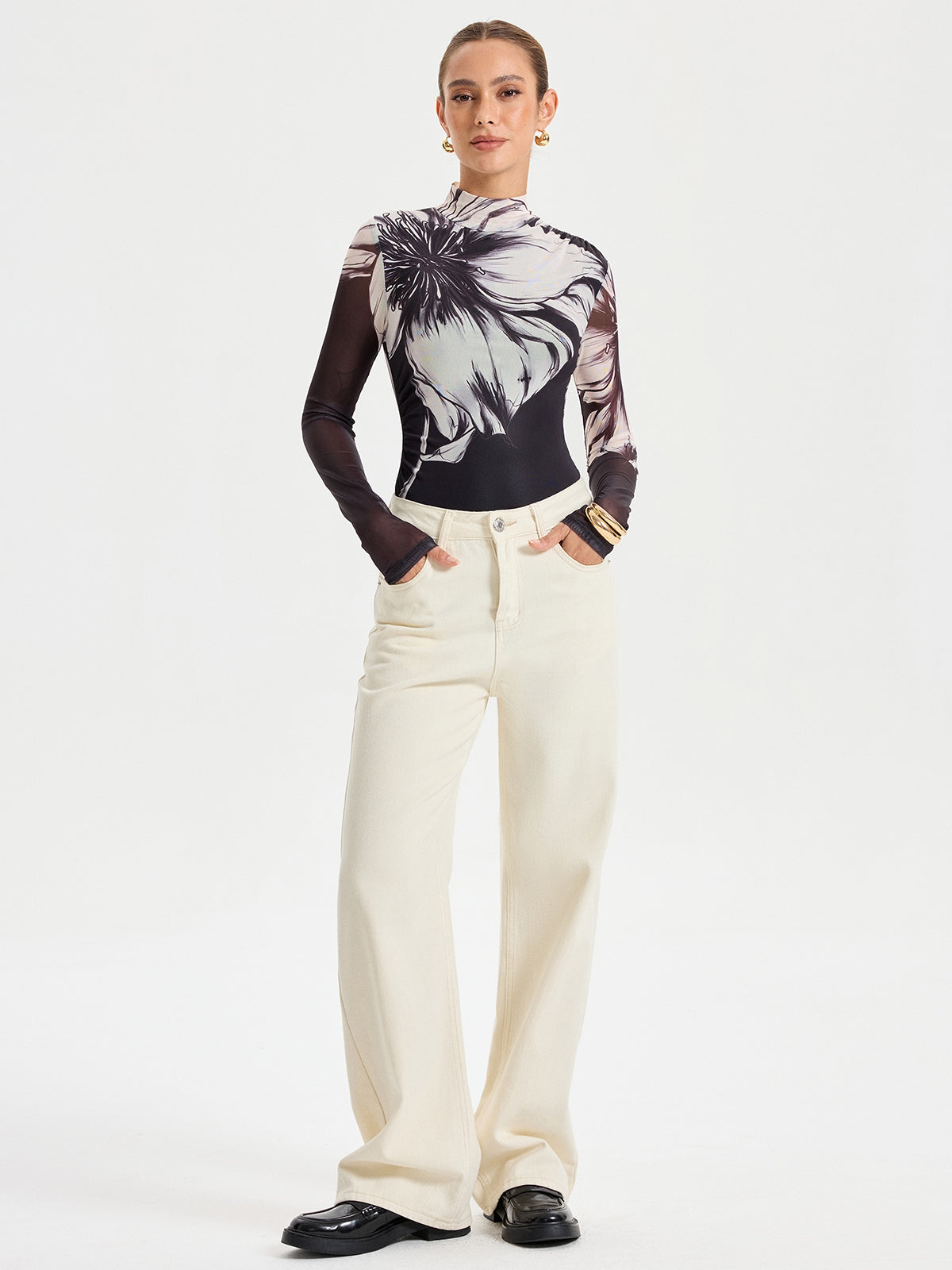 Floral Placement Print Mesh Bodysuit