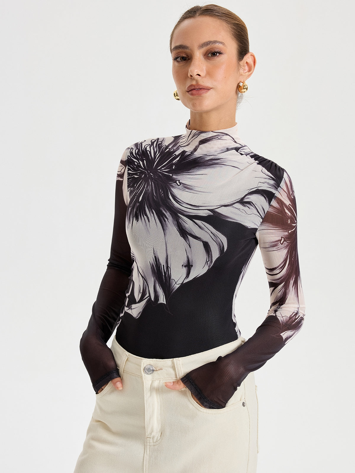 Floral Placement Print Mesh Bodysuit