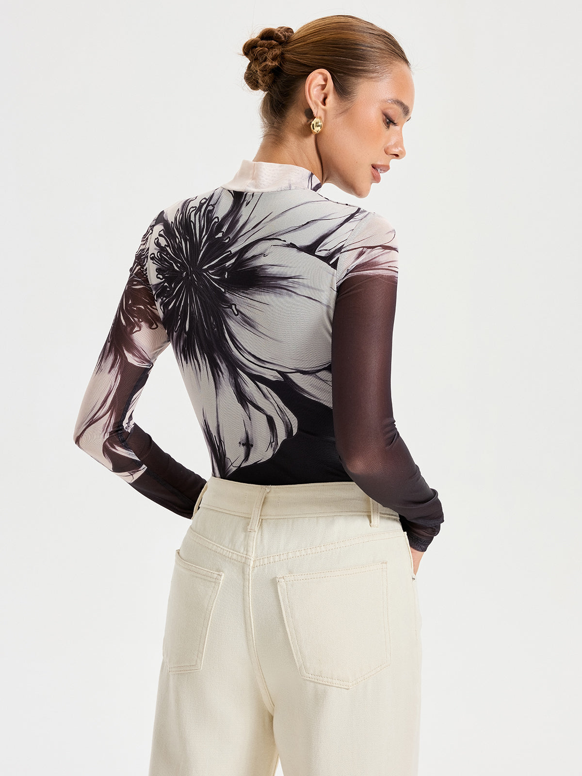 Floral Placement Print Mesh Bodysuit