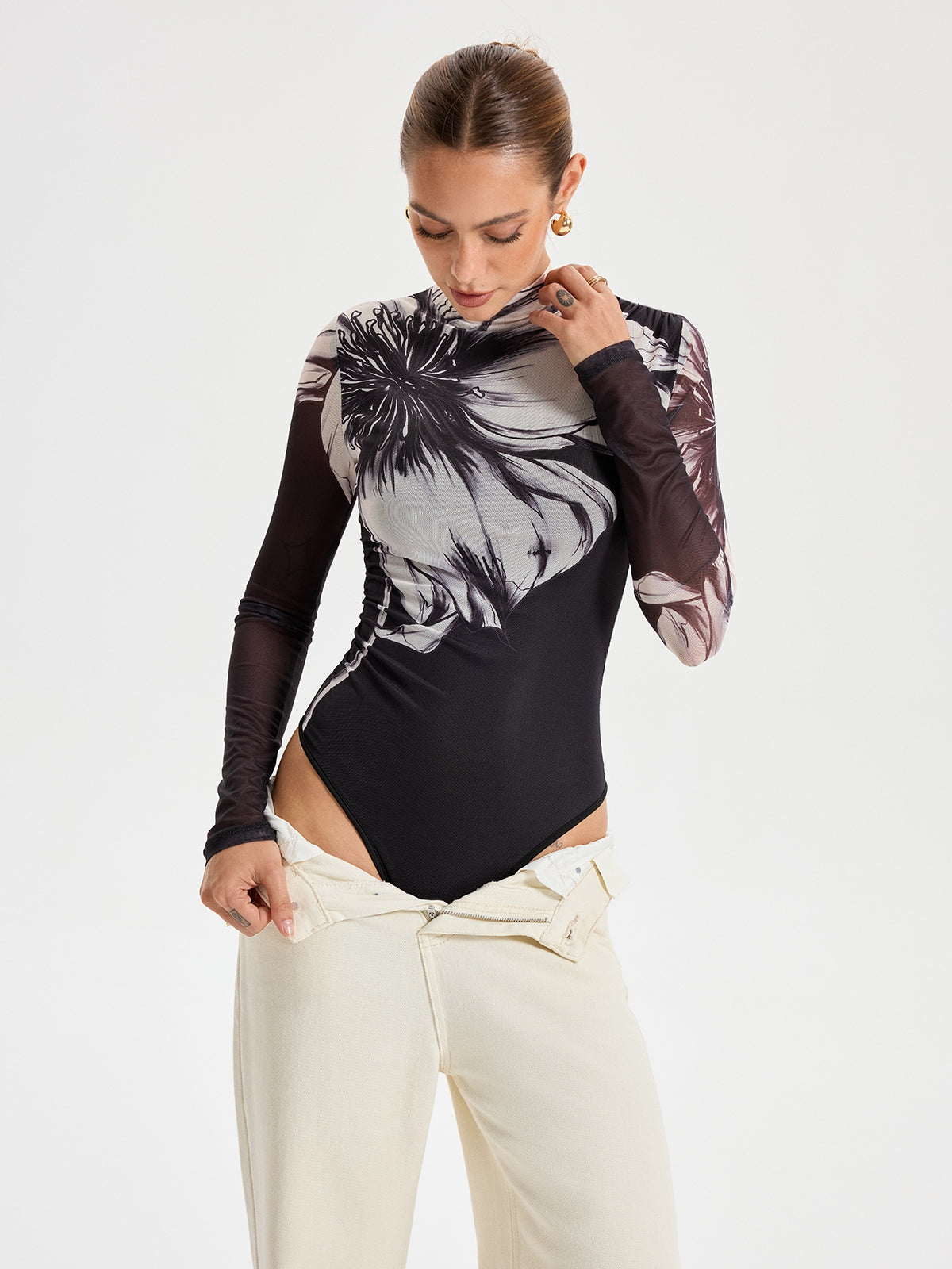 Floral Placement Print Mesh Bodysuit