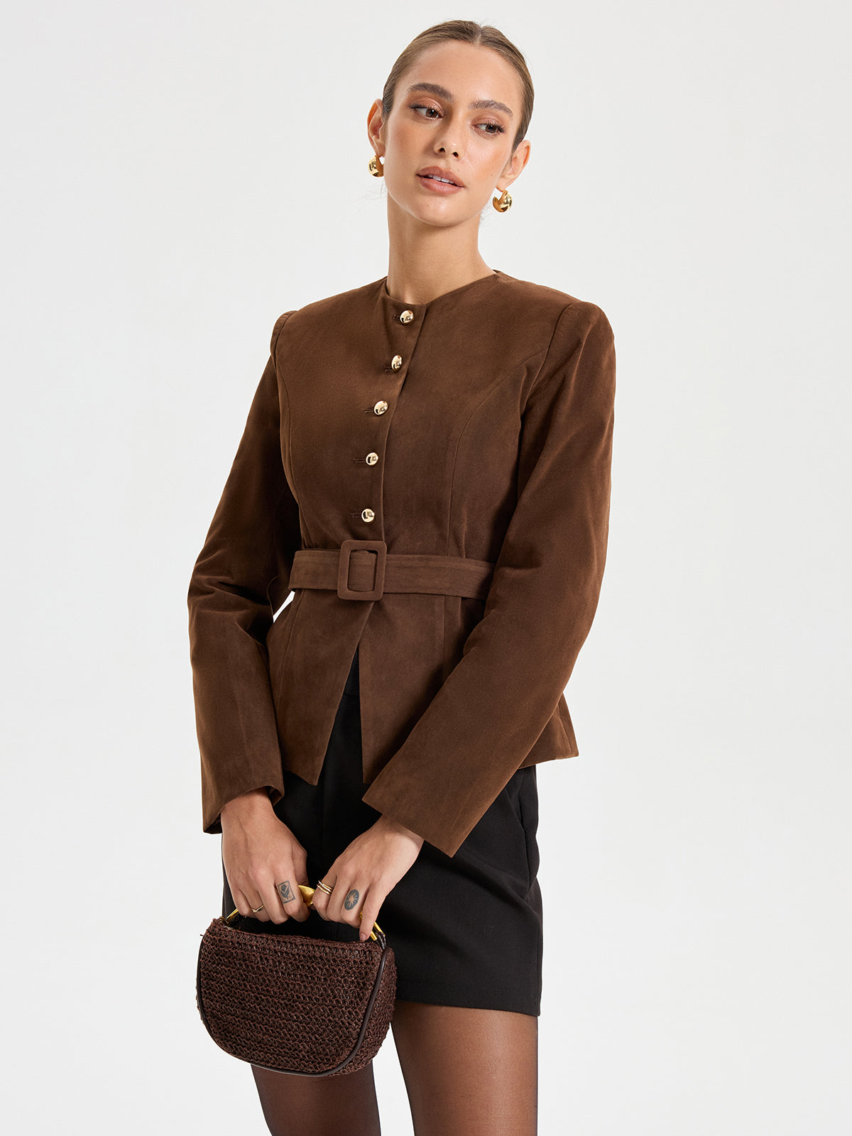 Blazer effet suédine boutonné avec ceinture