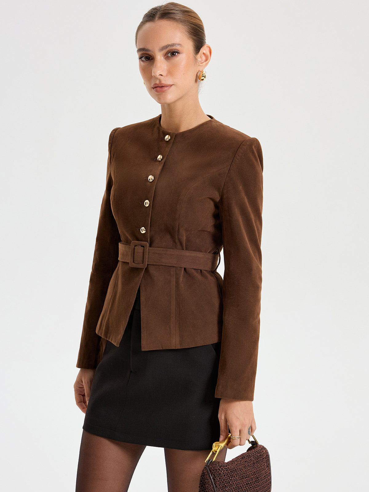 Belted Suede Effect Metal Button Blazer