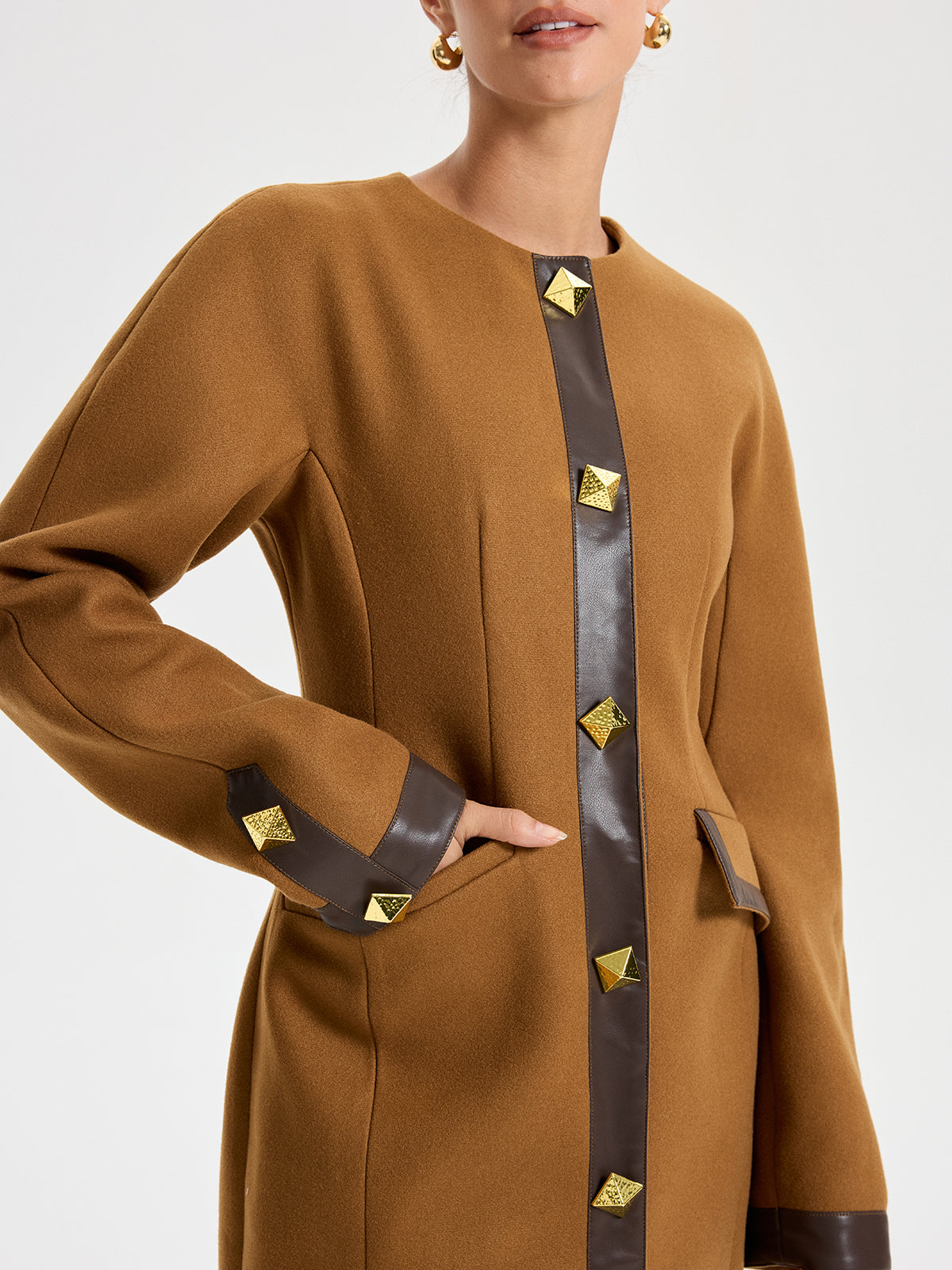 Faux Leather Trim Tweed Long Coat