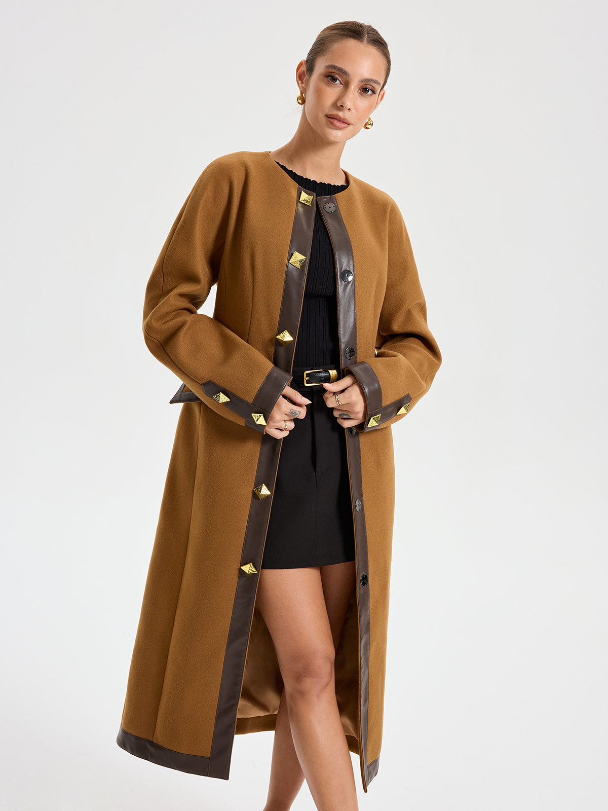 Faux Leather Trim Tweed Long Coat