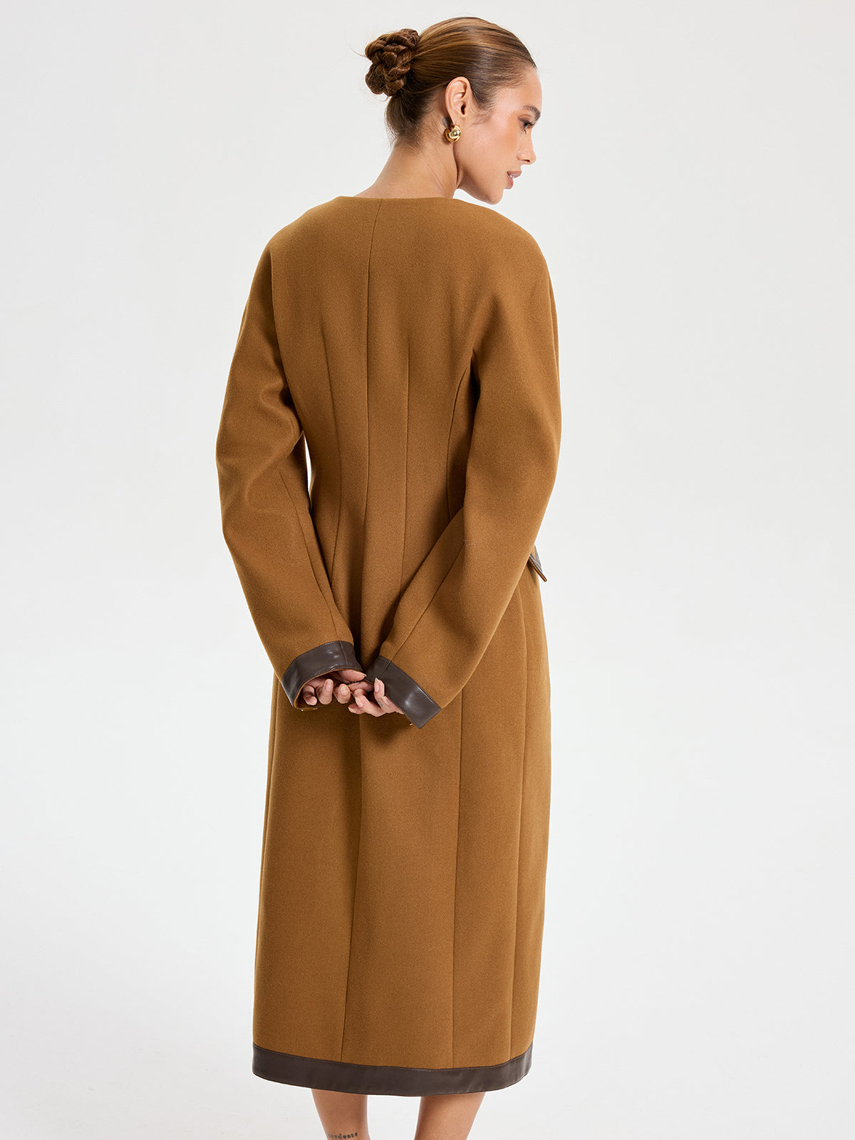 Faux Leather Trim Tweed Long Coat