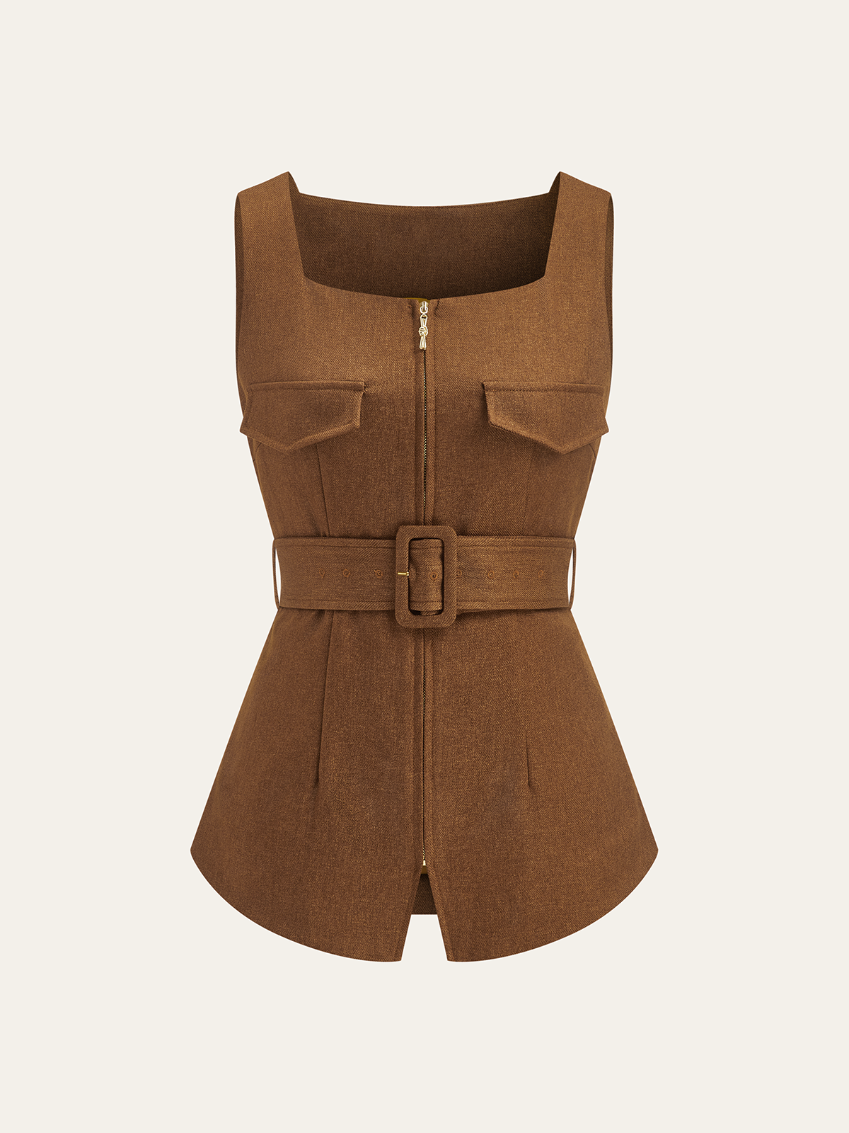 Gilet Ceinture Décolleté Carré avec Fermeture Éclair sur le Devant