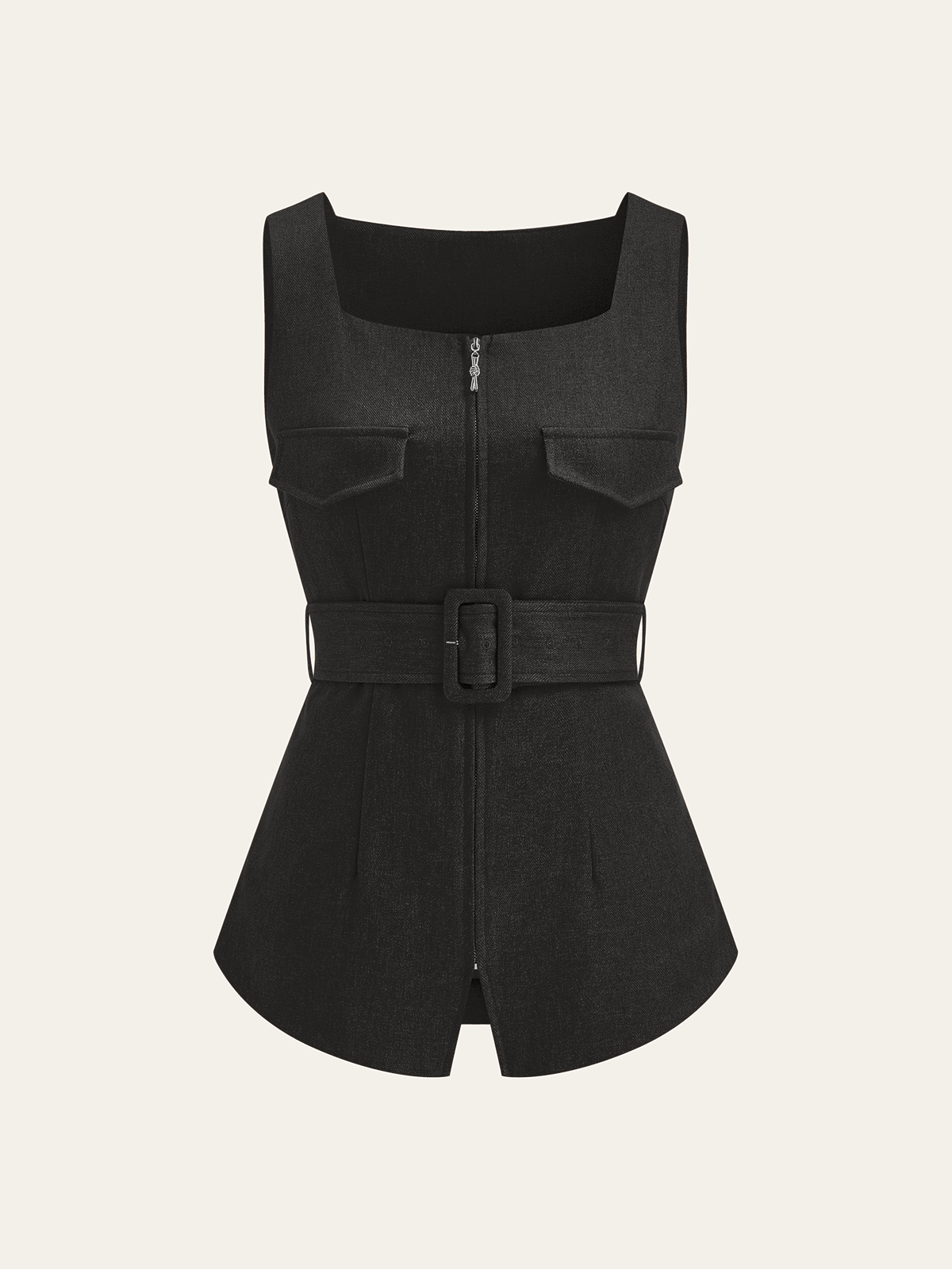Square Neck Zip Front Belted Vest