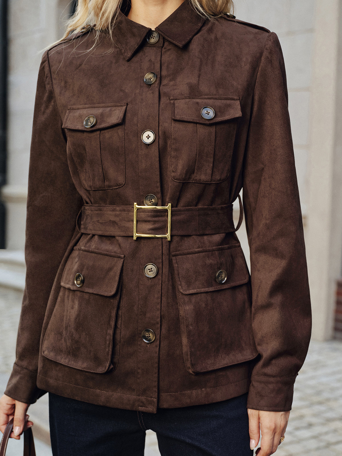 Multiple Pocket Belted Suede Effect Trench Coat