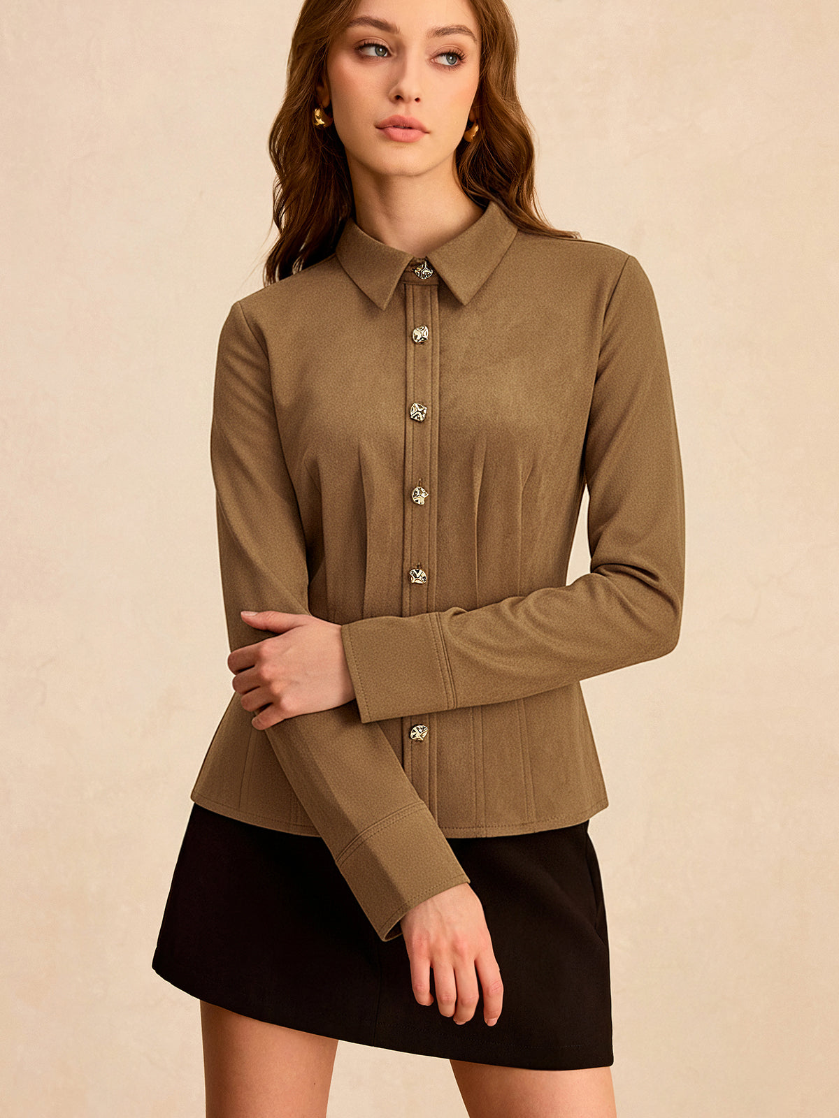 Chemise Plissée Col Effet Daim
