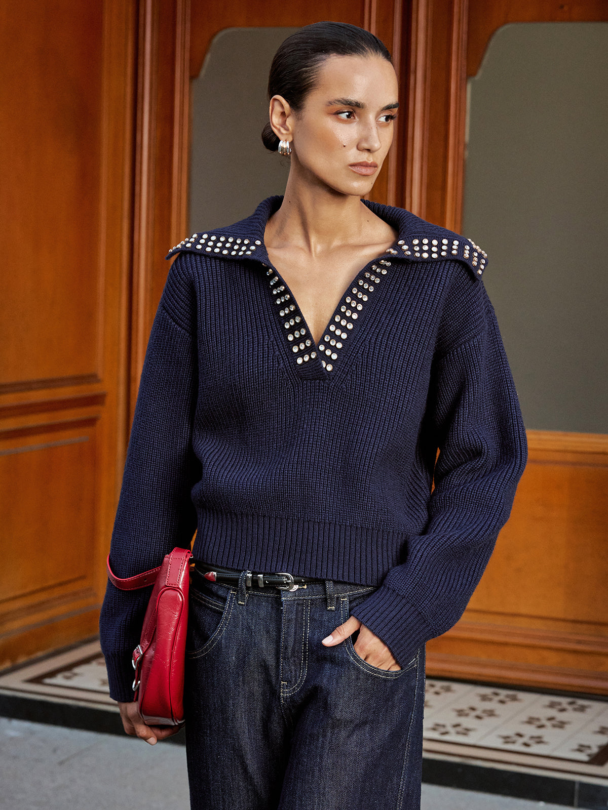 Studded Collar Wool Blend V-Neck Sweater
