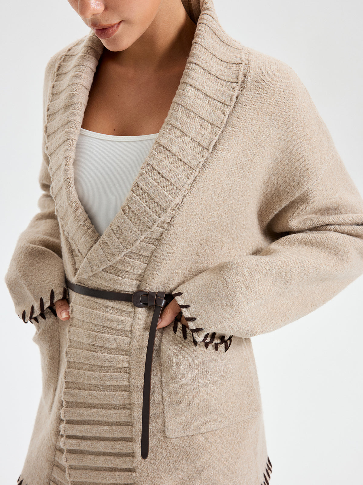 Contrast Stitched Shawl Collar Belted Knit Outerwear