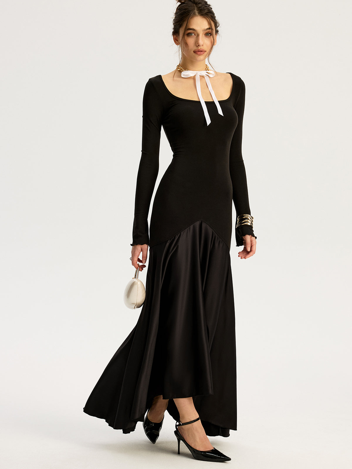 Satin Panel Jersey Sqaure Neck Long Dress