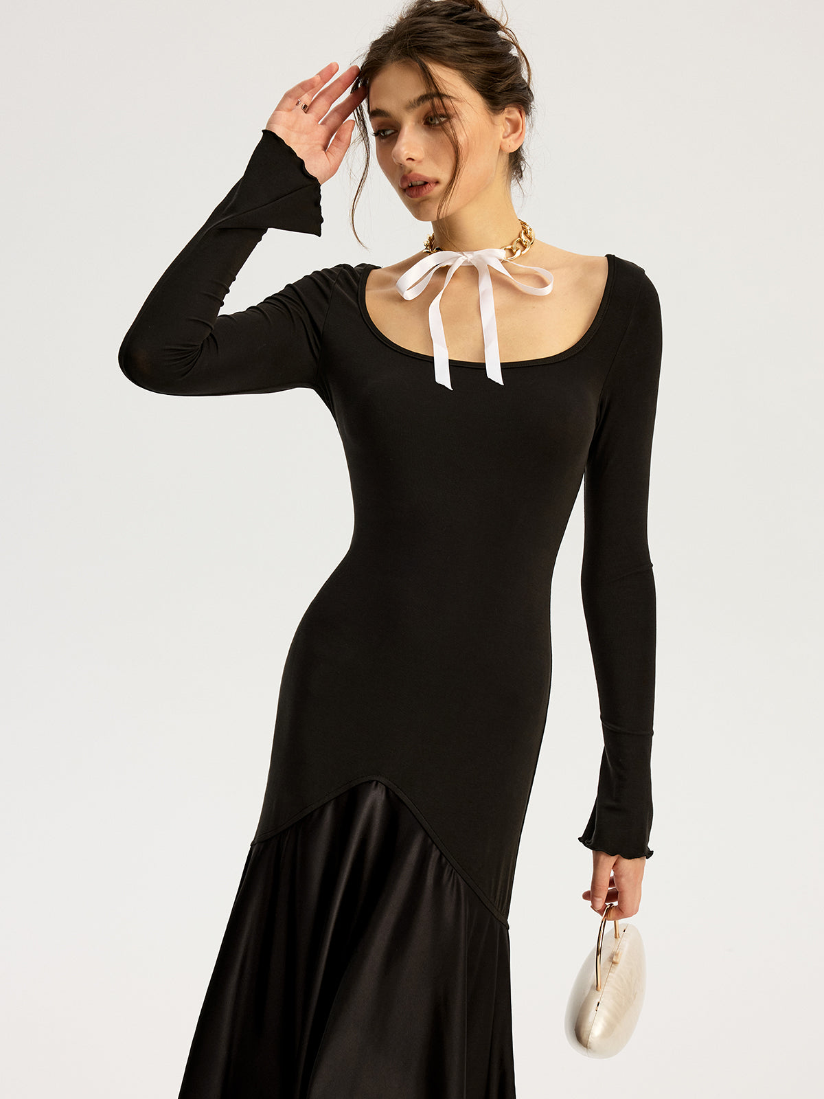 Satin Panel Jersey Sqaure Neck Long Dress