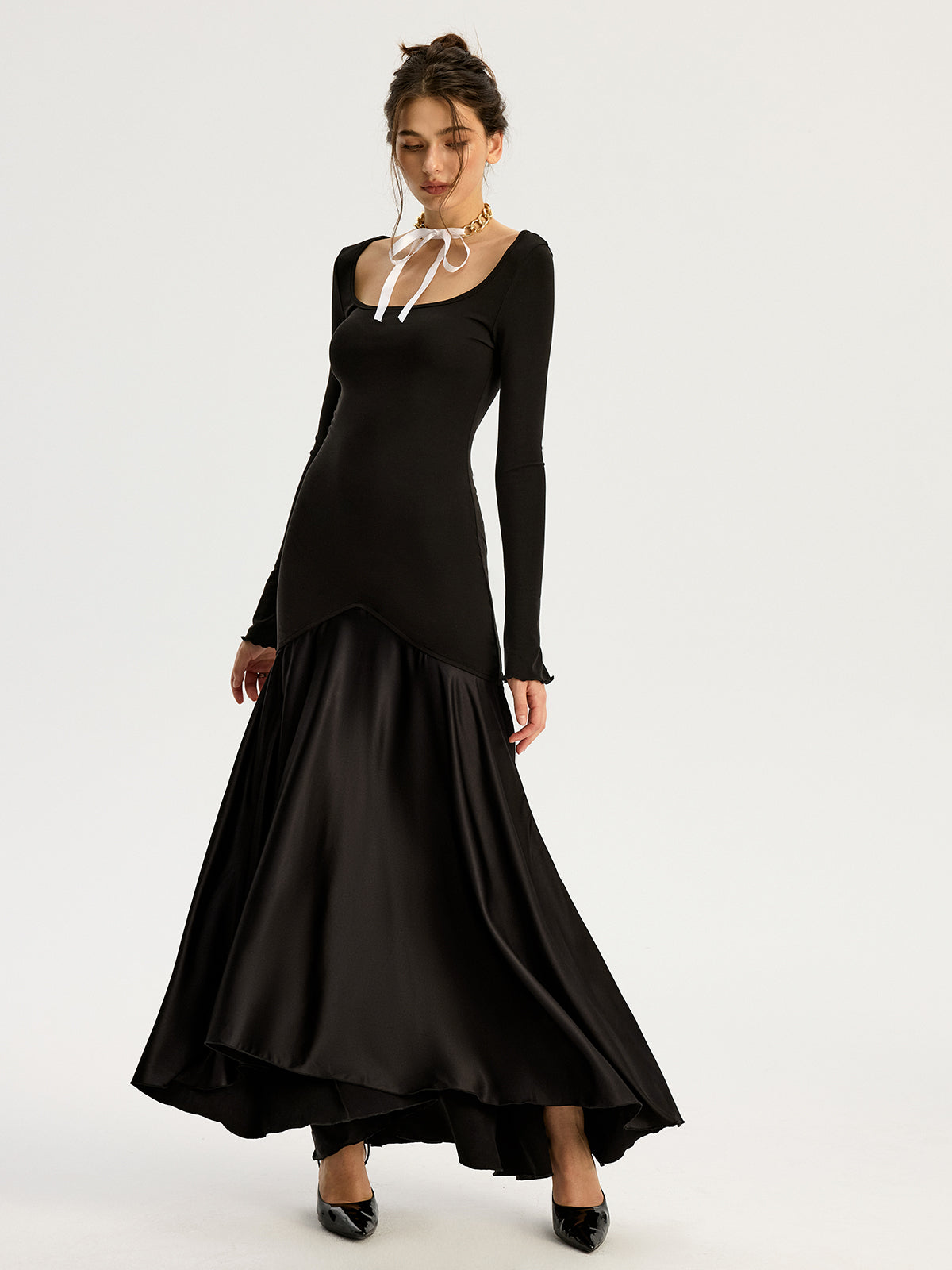 Satin Panel Jersey Sqaure Neck Long Dress