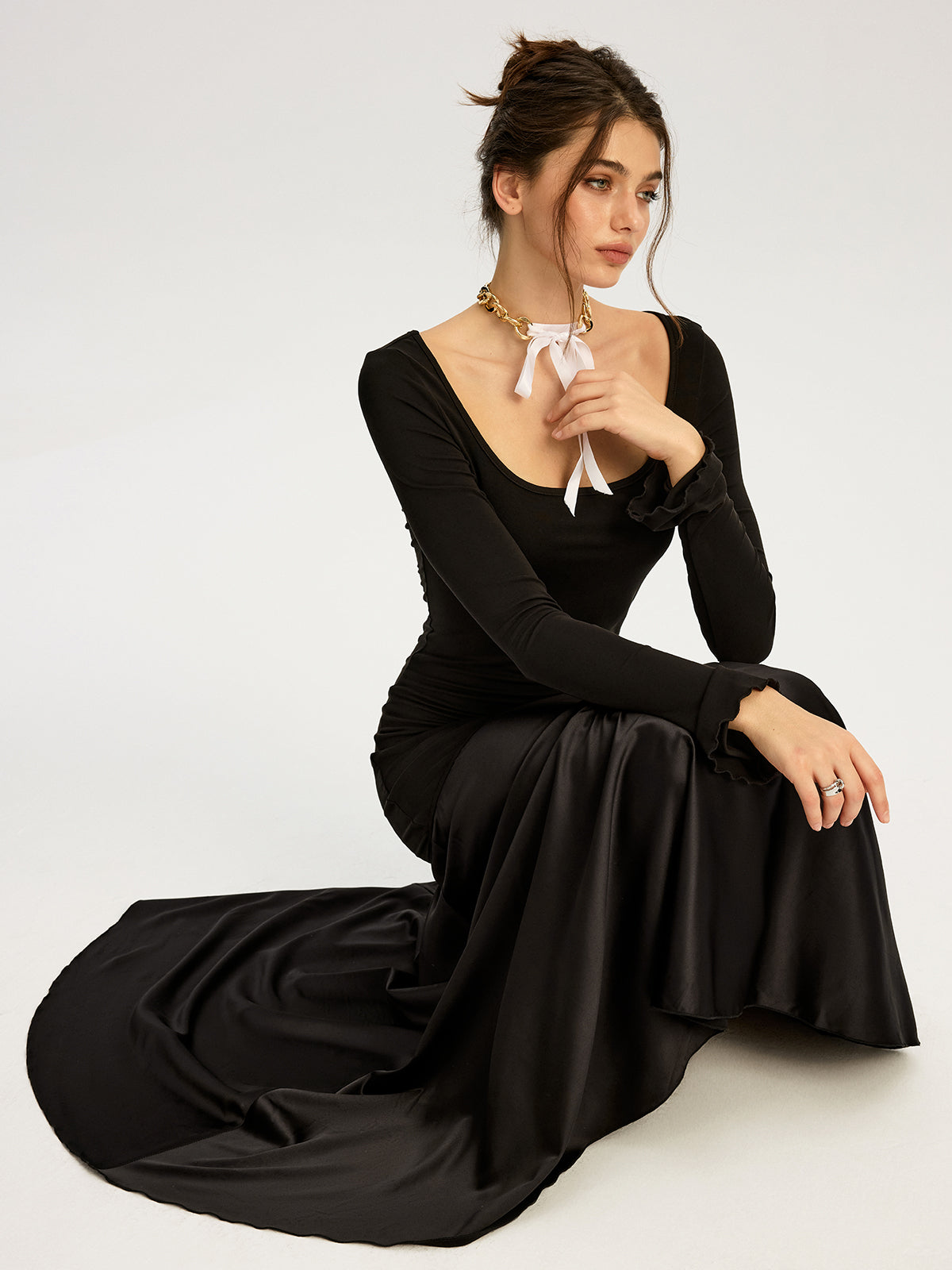 Satin Panel Jersey Sqaure Neck Long Dress