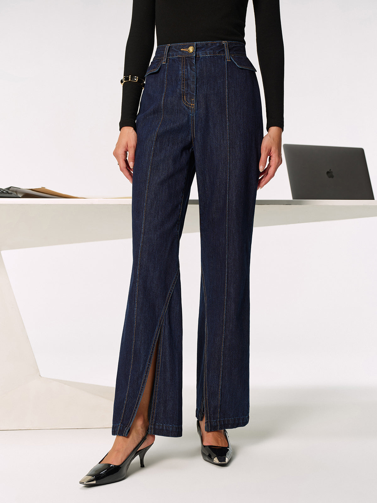 Jean en jean fendu taille mi-haute
