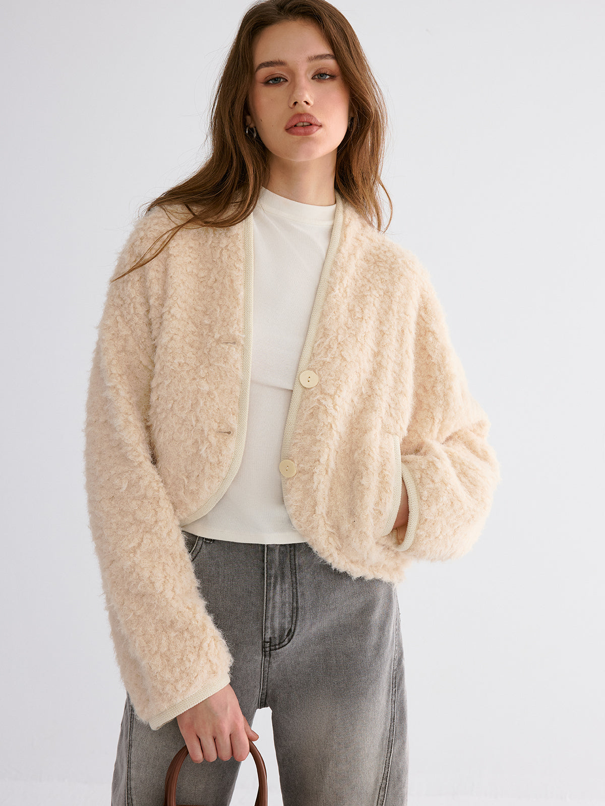 Drop-Shoulder Cropped Fuzzy Coat