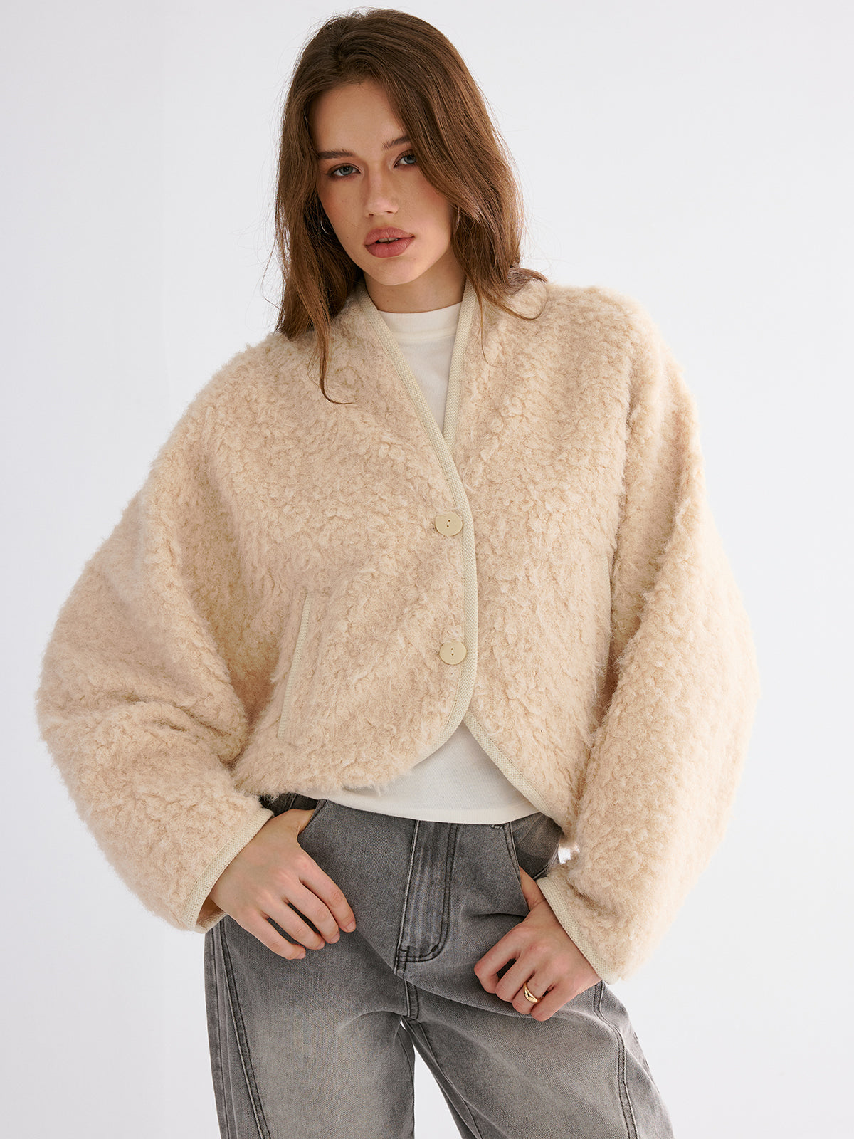 Drop-Shoulder Cropped Fuzzy Coat