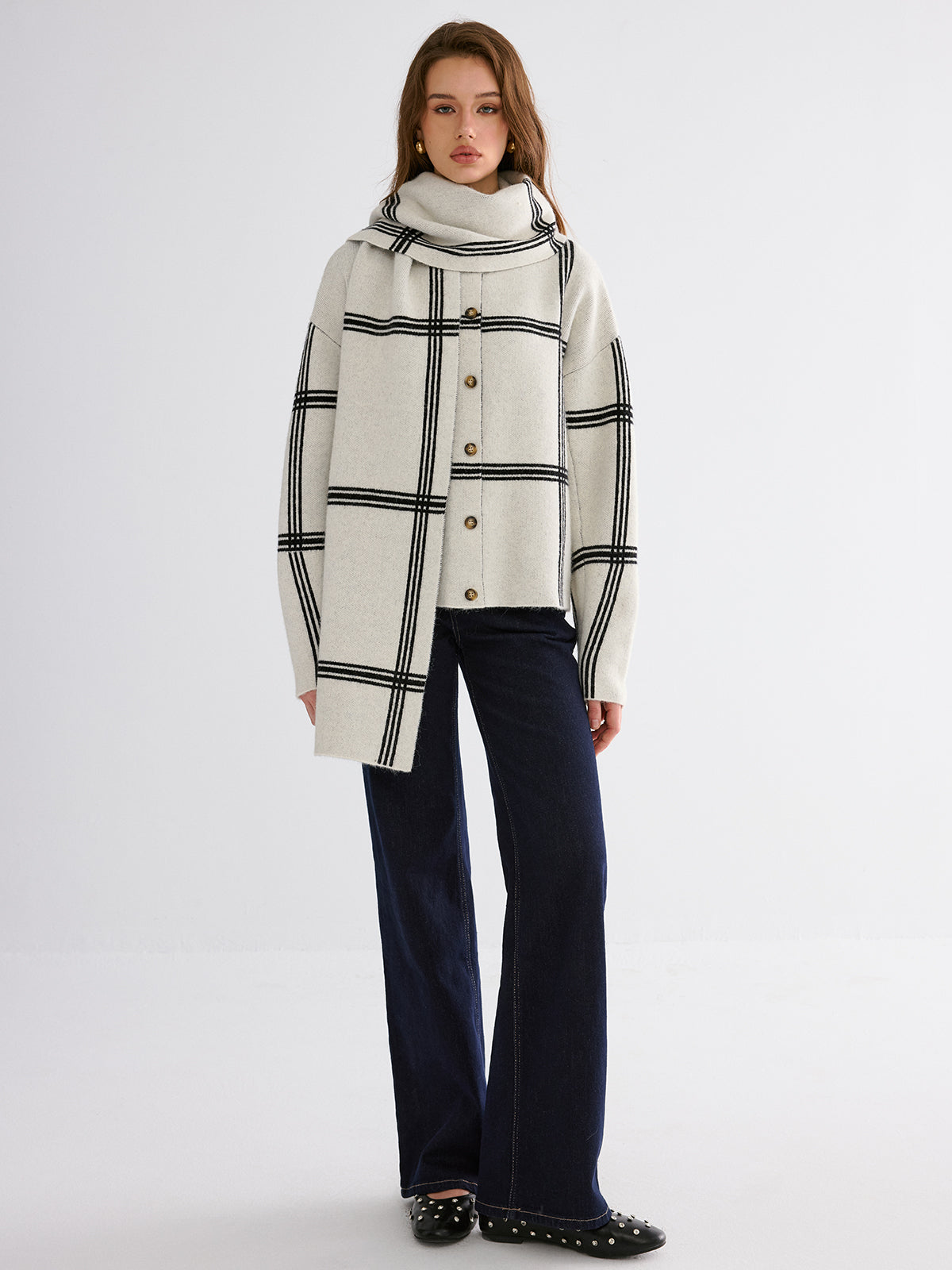 Wrap Scarf Check Print Cardigan