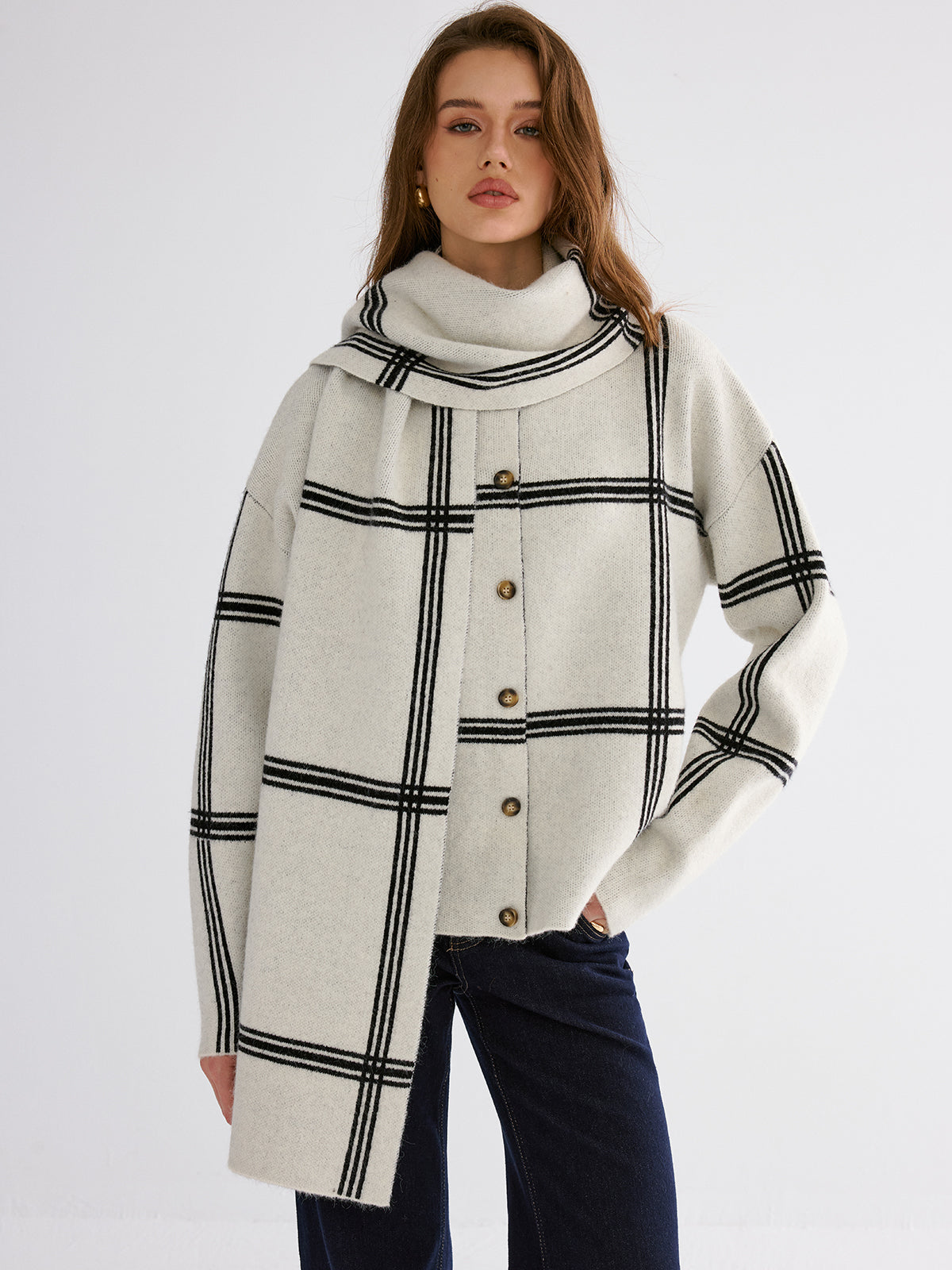 Wrap Scarf Check Print Cardigan