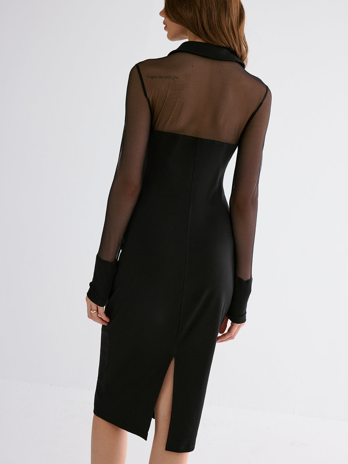 Midi-Kleid mit Mesh-Kragen in Kontrastfarbe