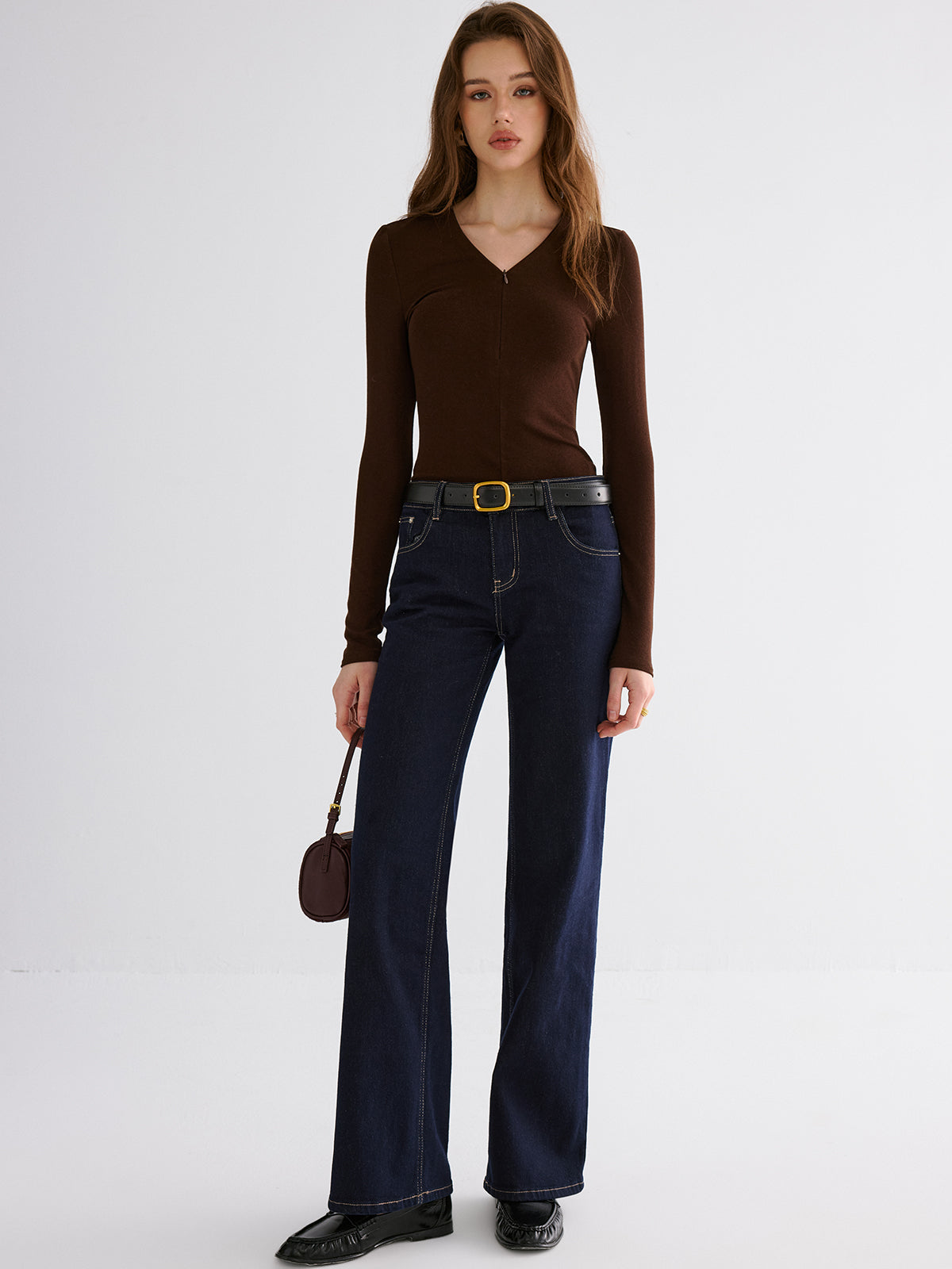 Minimal Zipper V-neck Long Sleeve Top