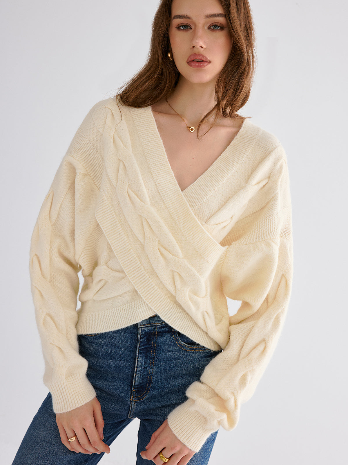 Cable Knit Cross-From V-Neck Sweater