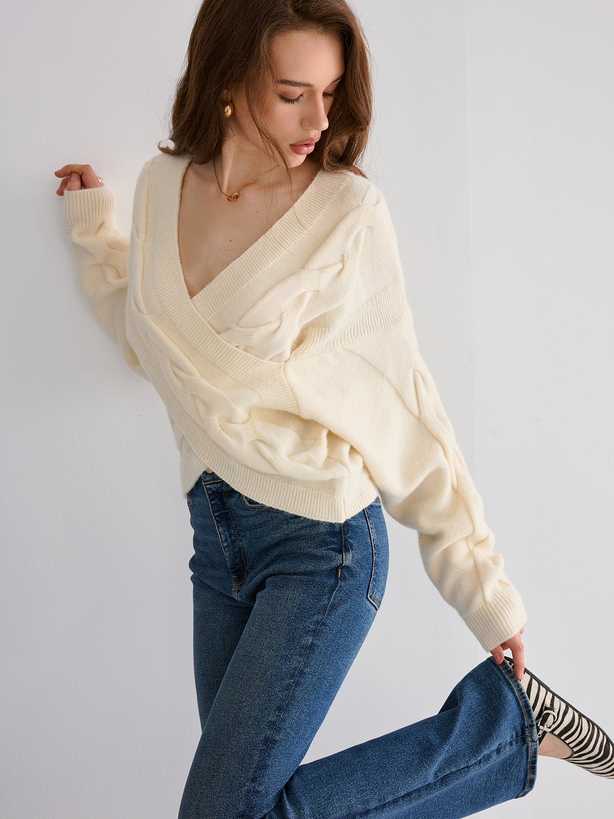 Cable Knit Cross-Front V-Neck Sweater