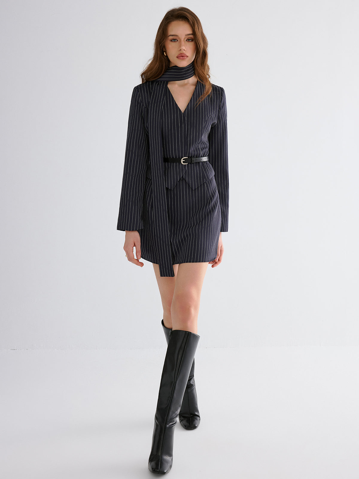 Pinstripe V-Neck Belted Blazer and Skirt Set
