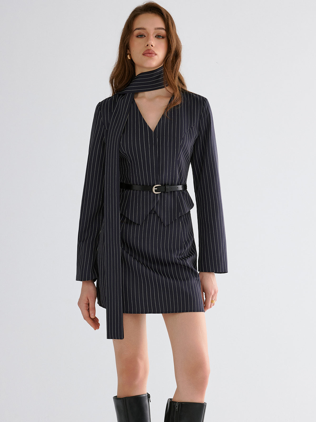 Pinstripe V-Neck Belted Blazer and Skirt Set