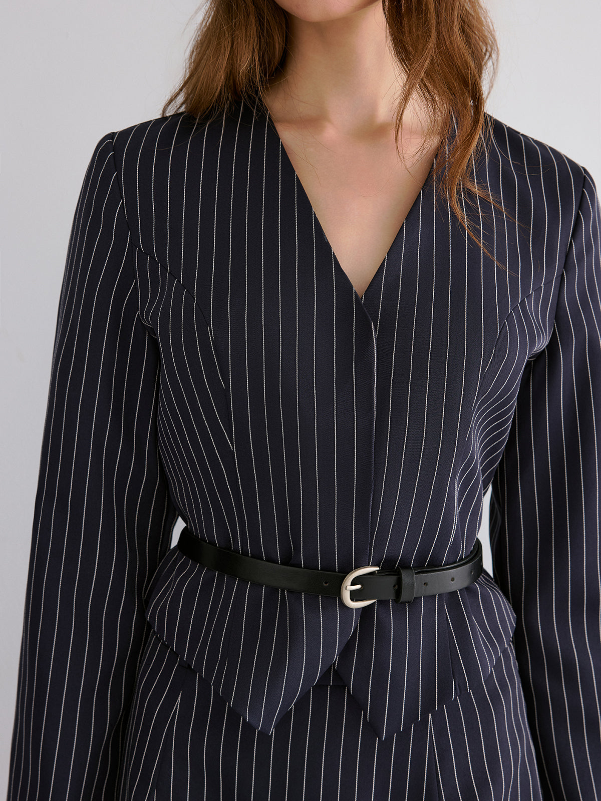 Pinstripe V-Neck Belted Blazer and Skirt Set