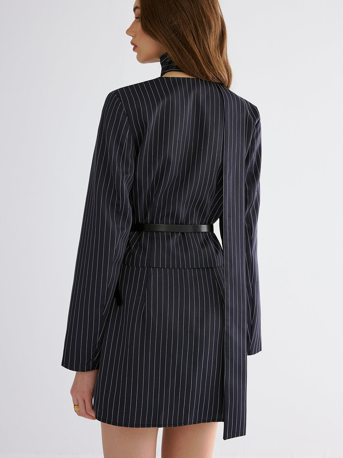 Pinstripe V-Neck Belted Blazer and Skirt Set