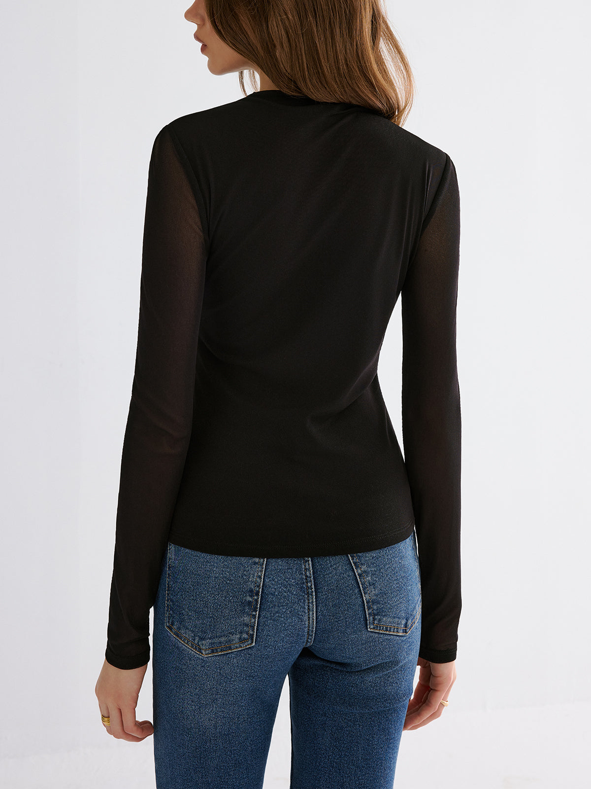 Mesh Paneled Ruched Long Sleeve Knit Top