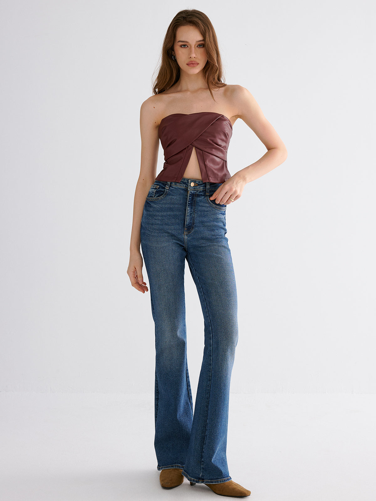 PU Strapless Criss-Cross Crop Top