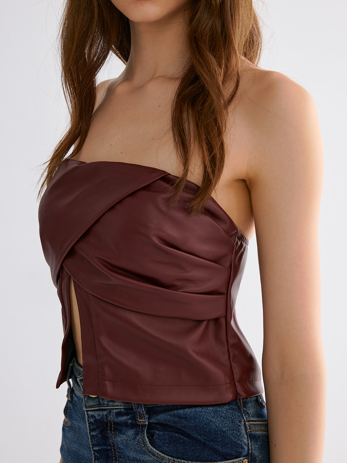 PU Strapless Criss-Cross Crop Top