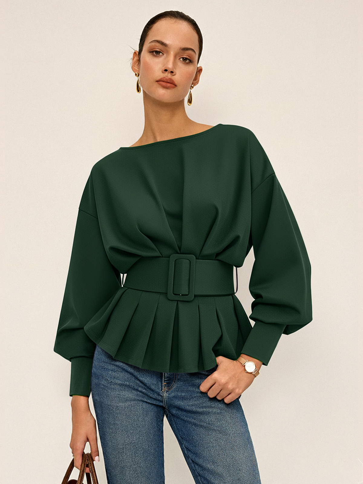 Bootshals-Peplum-Sweatshirt mit breitem Gürtel