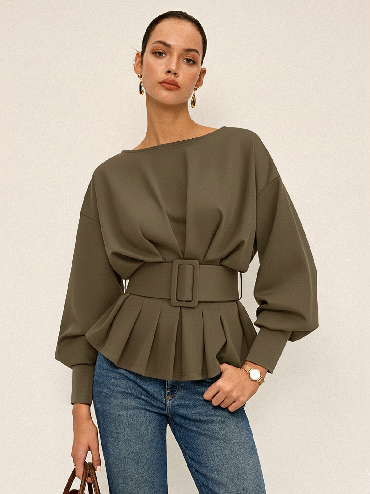 Bootshals-Peplum-Sweatshirt mit breitem Gürtel