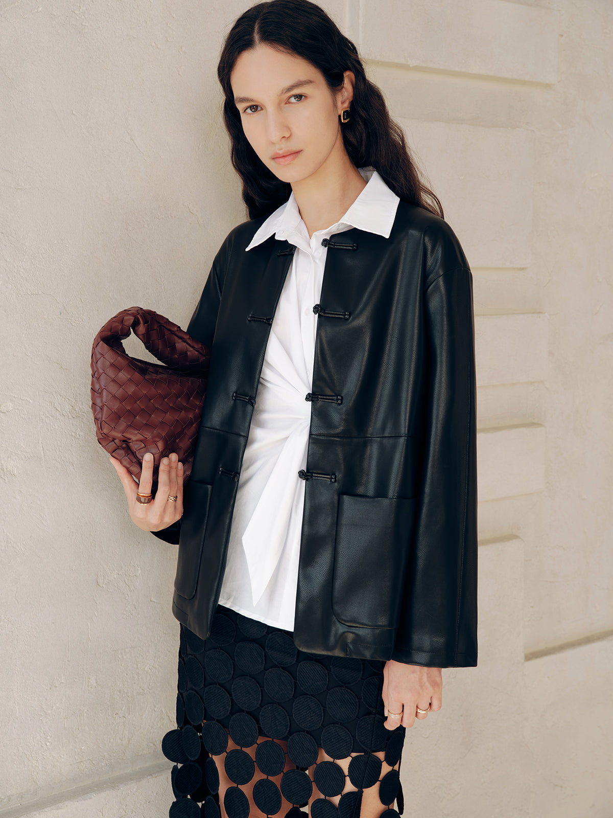 Knot Button Faux Leather Jacket