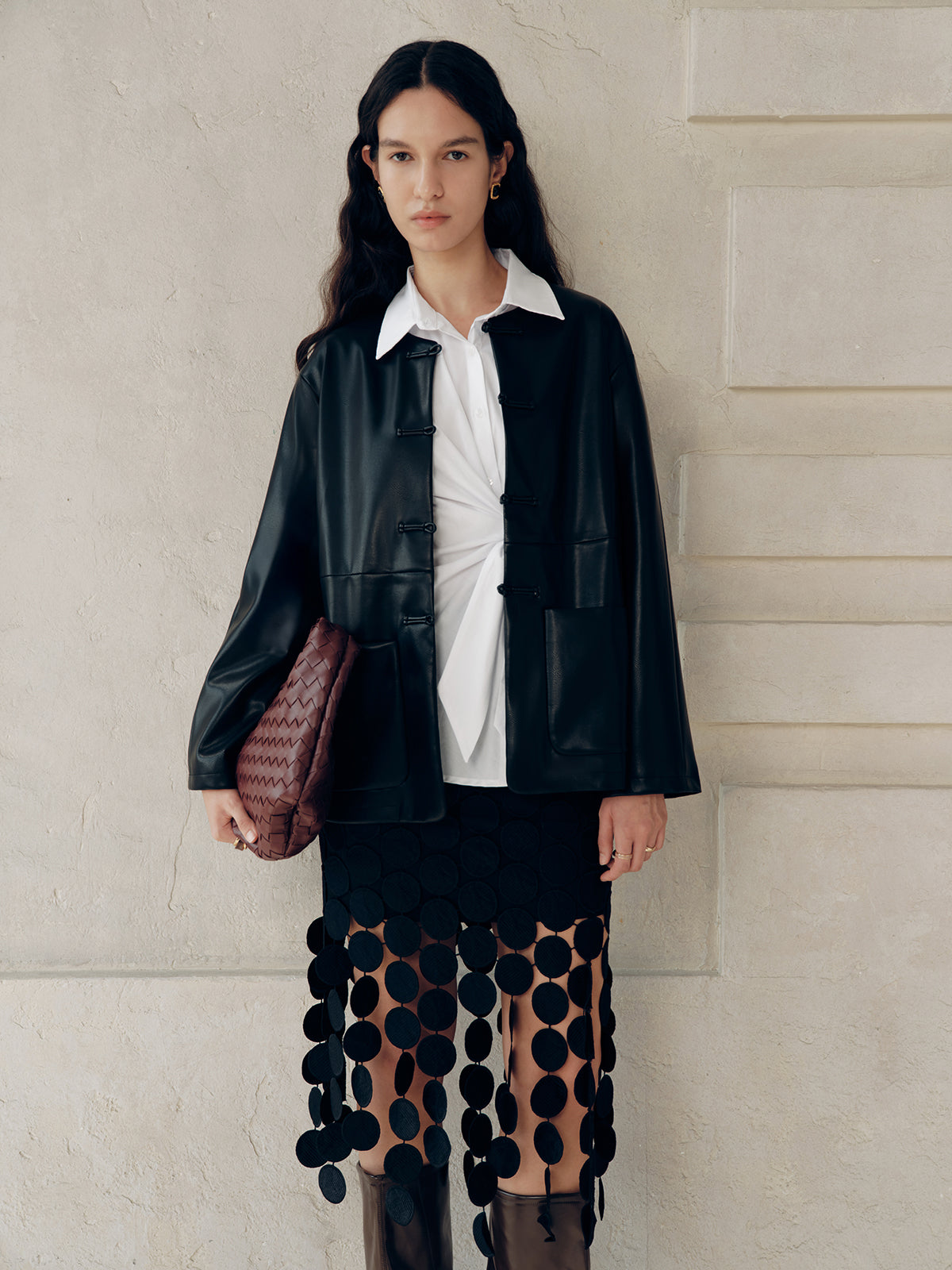 Knot Button Faux Leather Jacket