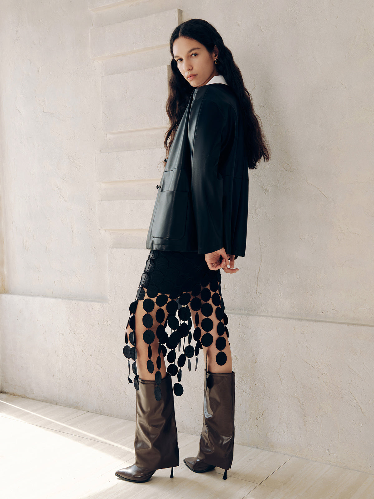 Knot Button Faux Leather Jacket