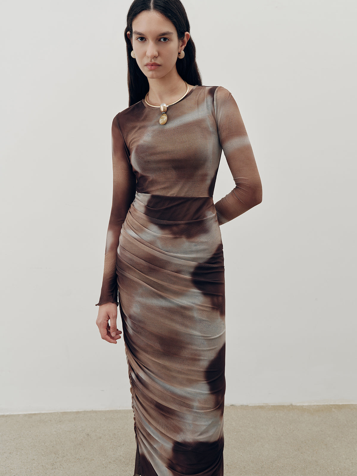 Tie-Dye Ruched Mesh Maxi Dress