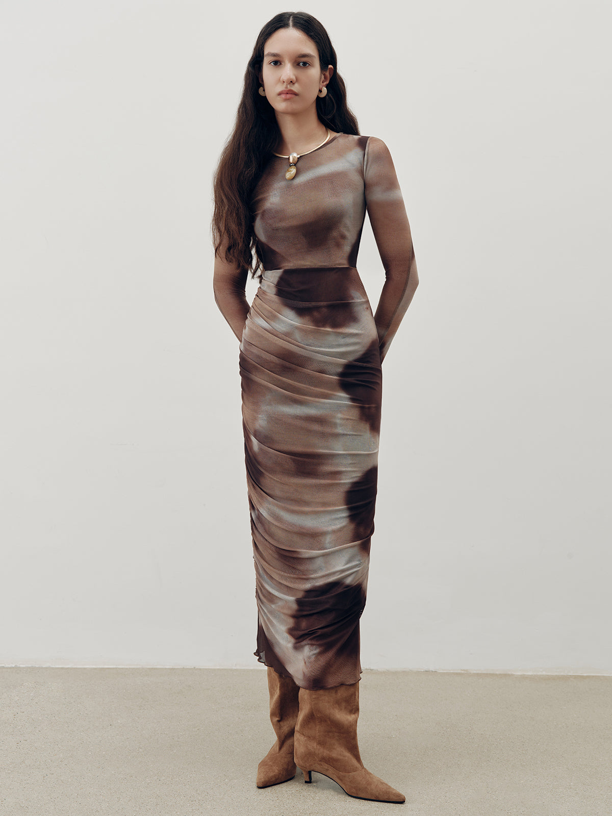 Tie-Dye Ruched Mesh Maxi Dress