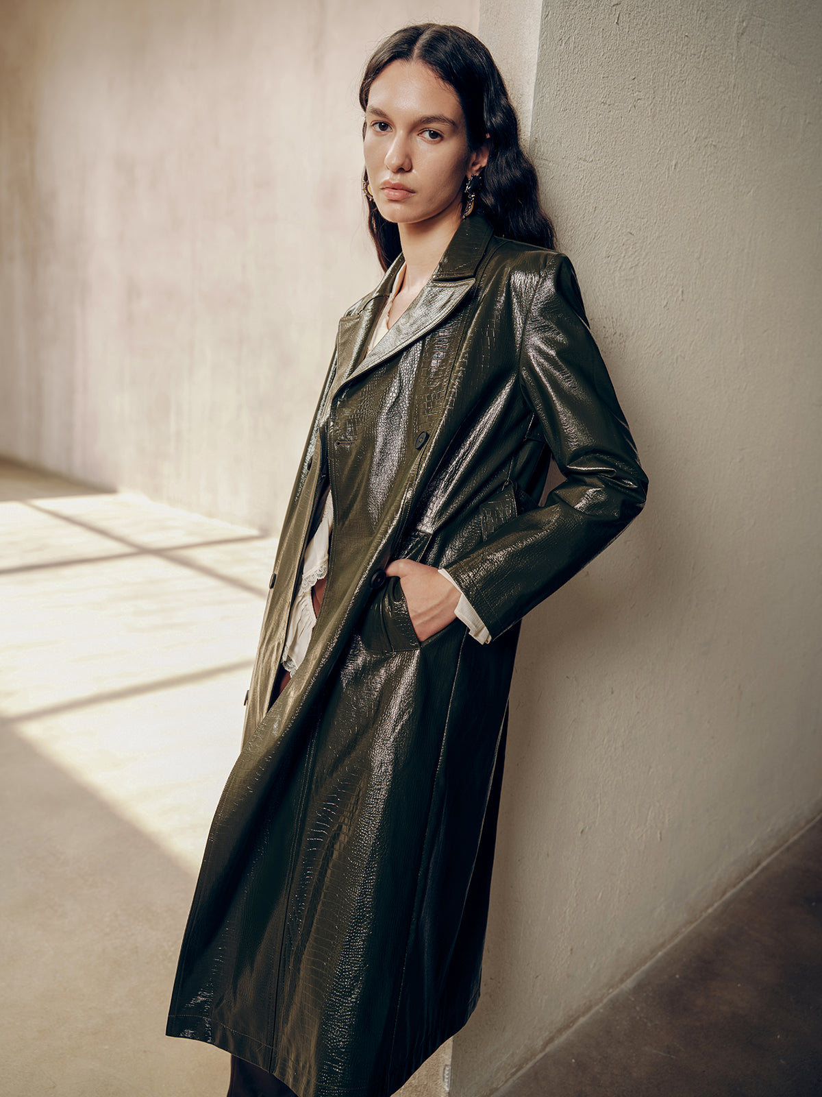 Gradient Double-Breasted Belted PU Leather Coat