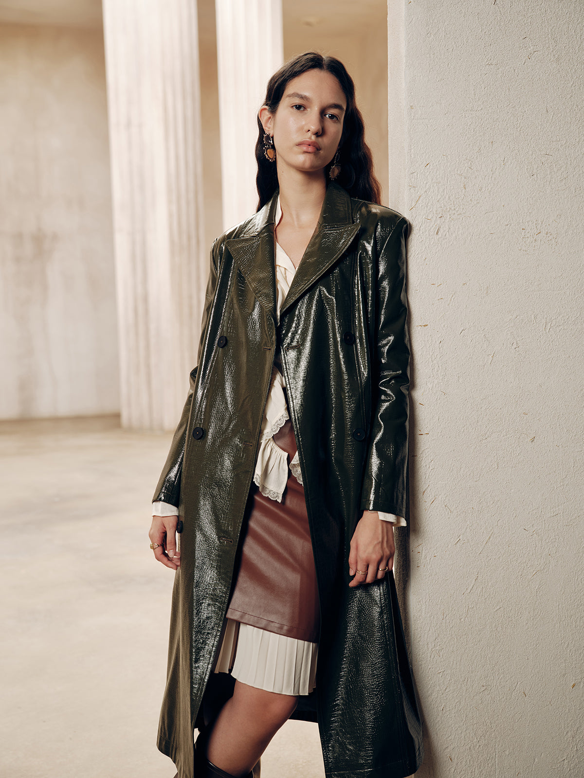 Manteau ceinturé en similicuir à double boutonnage et dégradé