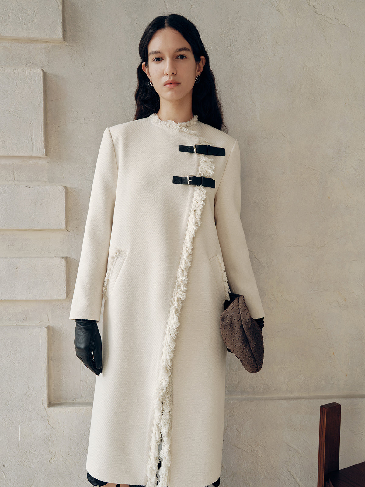 Fringe Trim Buckle Detail Long Coat